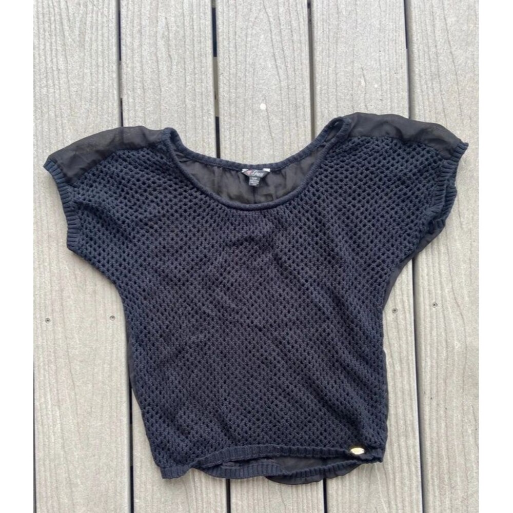 GUESS Women’s Small Black Open Knit Sheer Chiffon Top Short Sleeve Y2K Style